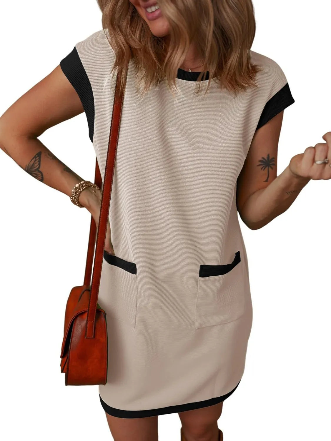 Round Neck Cap Sleeve Mini Dress in beige with black trim, pocketed and buttoned