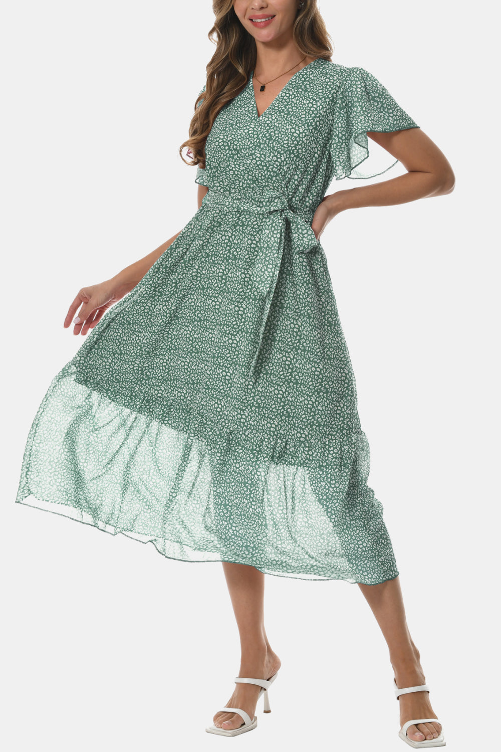 Light green surplice V-neck flutter-sleeve dress with tie waist and tiered skirt