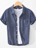 Striped collared short-sleeve shirt in dark blue with button placket