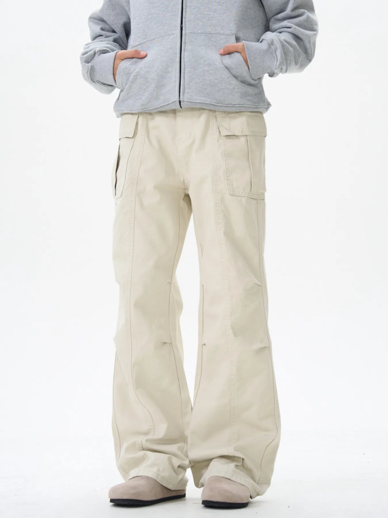 Wide leg cargo pants, off-white with cargo flap pockets