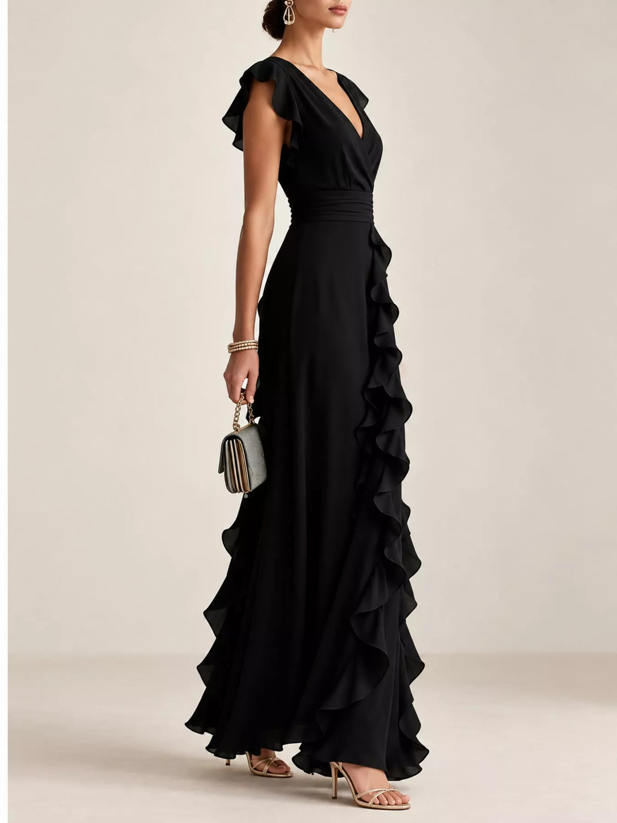 Black ruffled high-waist sleeveless maxi dress with side ruffle detail