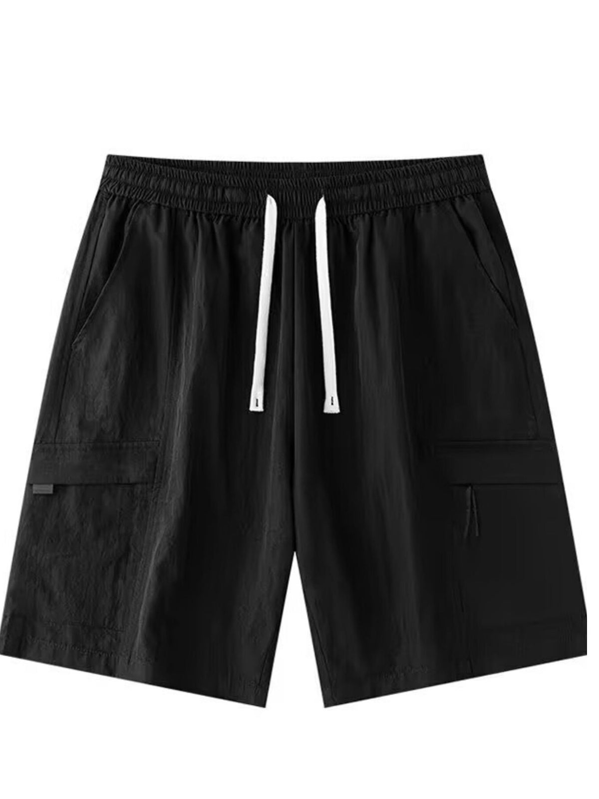 Black lightweight drawstring cargo shorts with elastic waistband and cargo side pockets