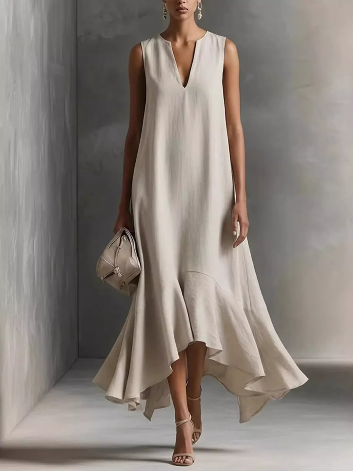 White sleeveless summer dress with V-neckline and ruffled, high-low hem