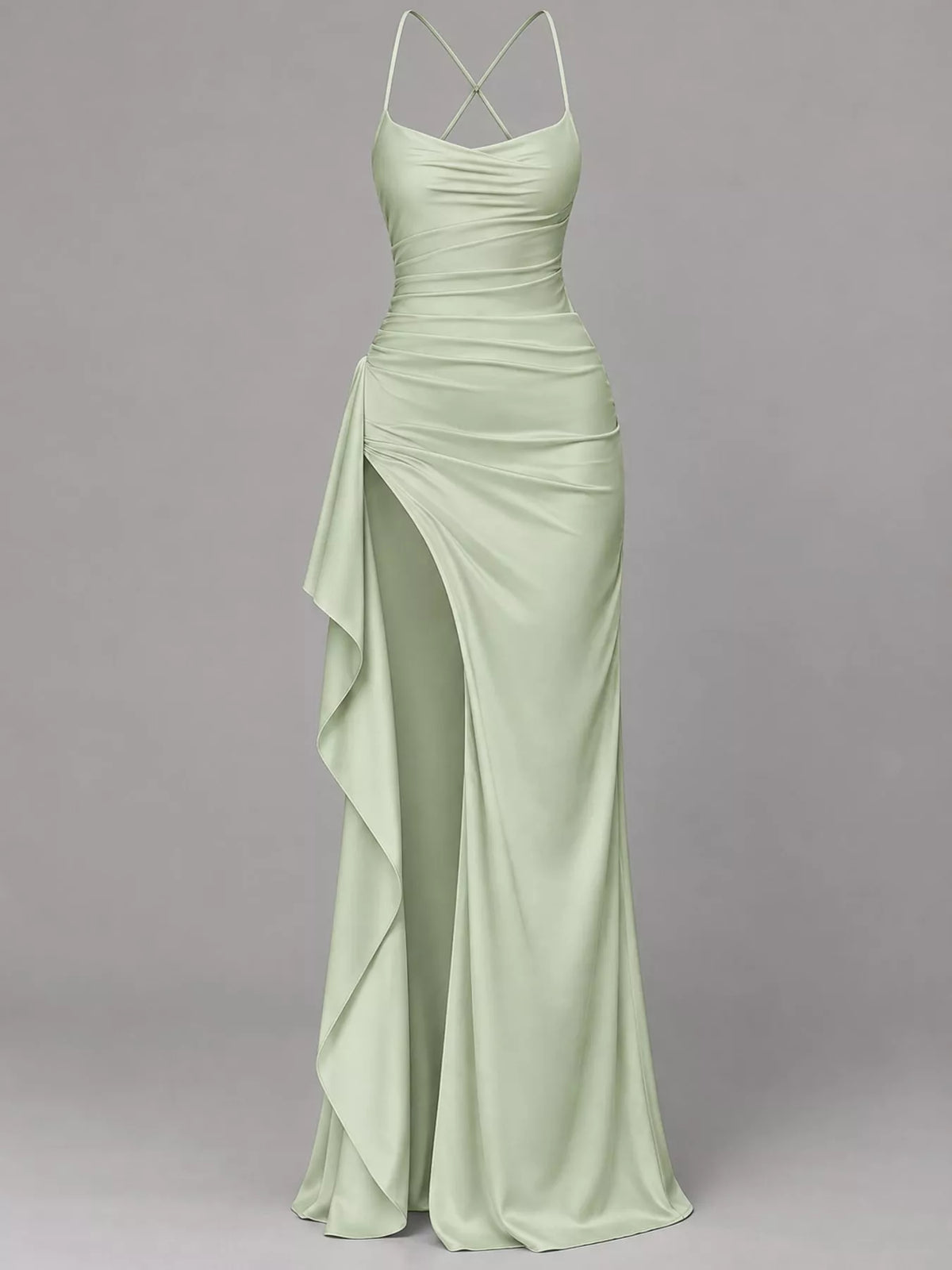 Light green satin ruched maxi dress with spaghetti straps and high side slit