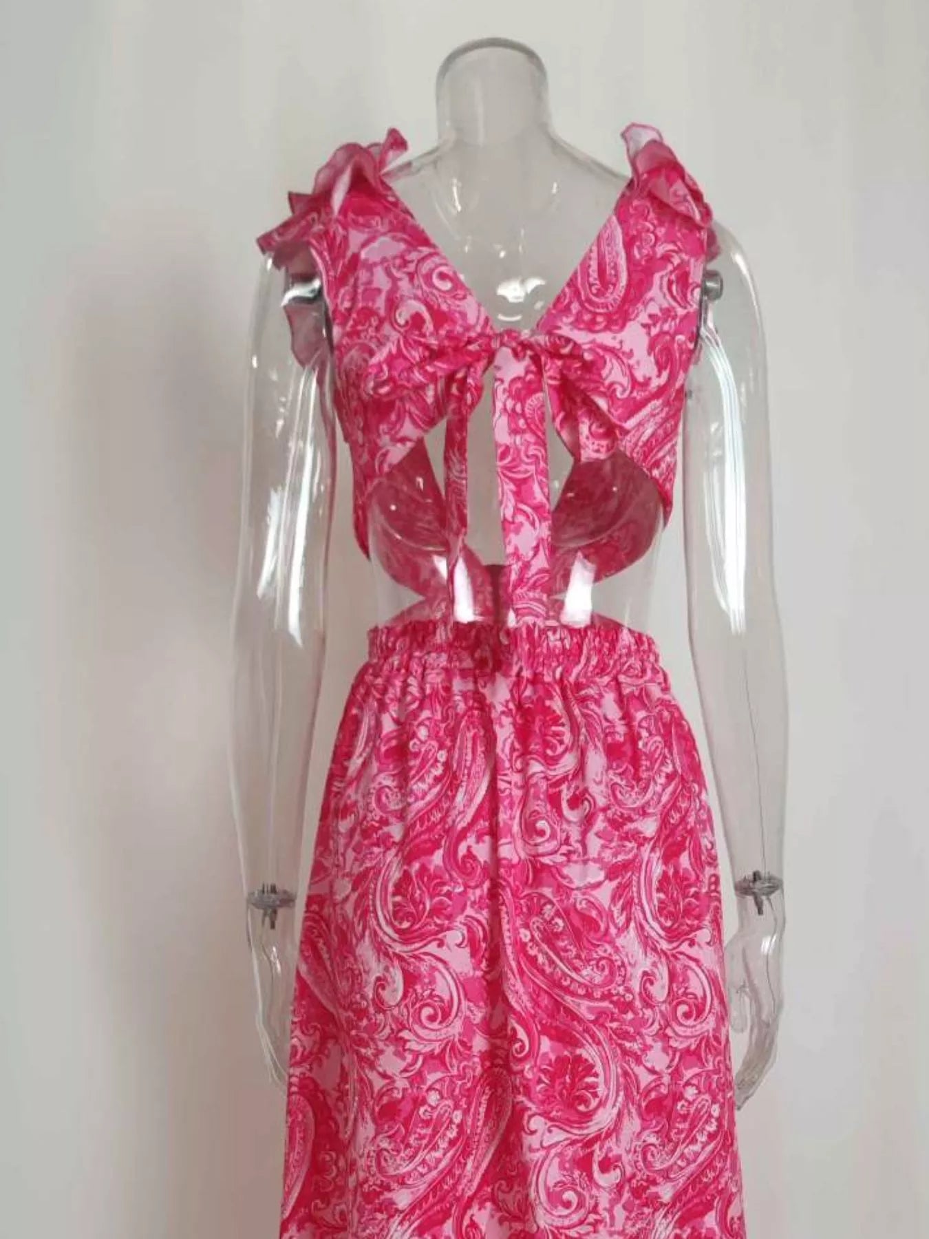 Cedar & Moore Full Size Ruffled Cutout V-Neck Maxi Dress with slit, pink paisley pattern, plus size