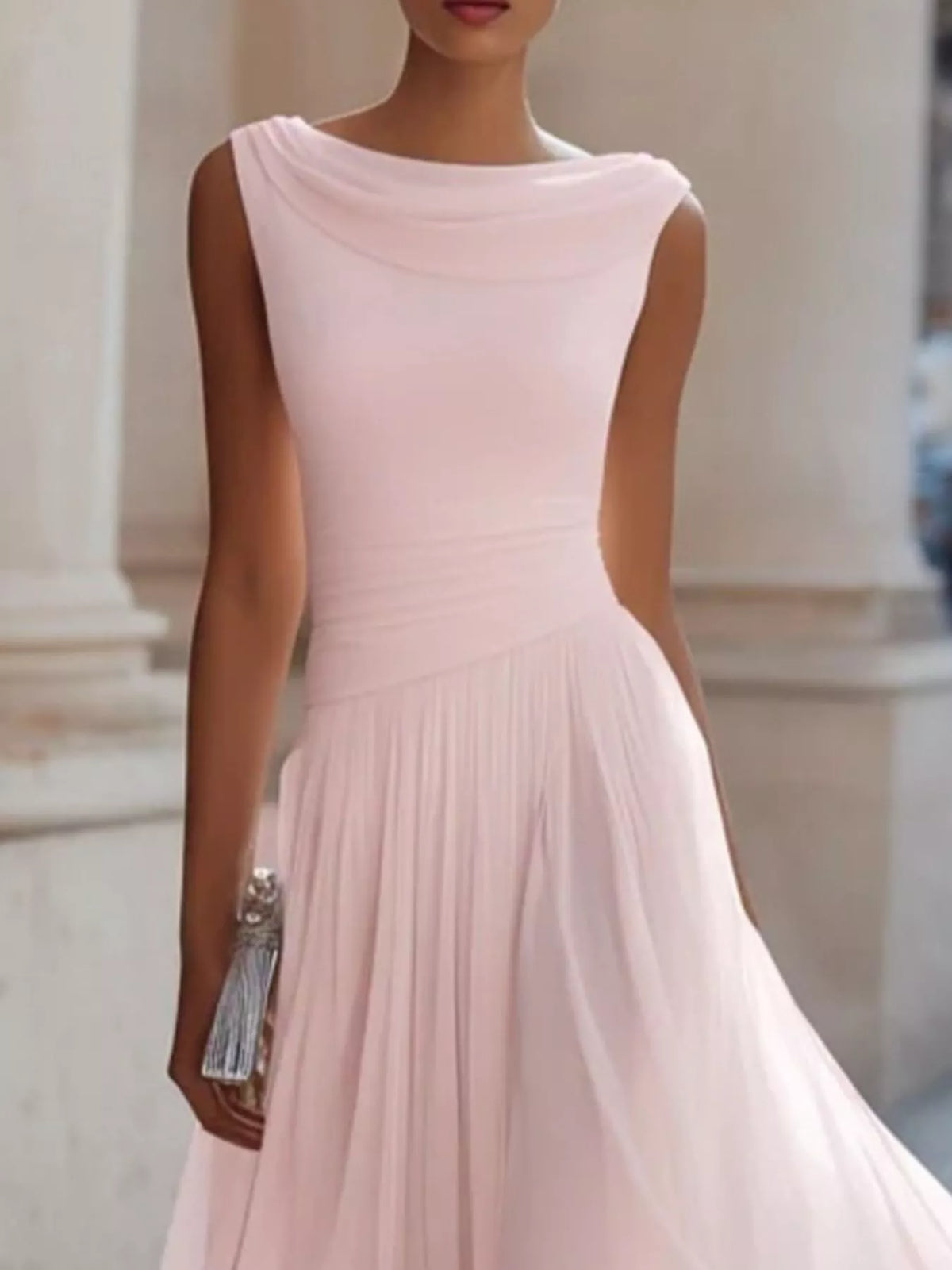 Light pink sleeveless cowl neck midi dress with gathered waist and pleated skirt