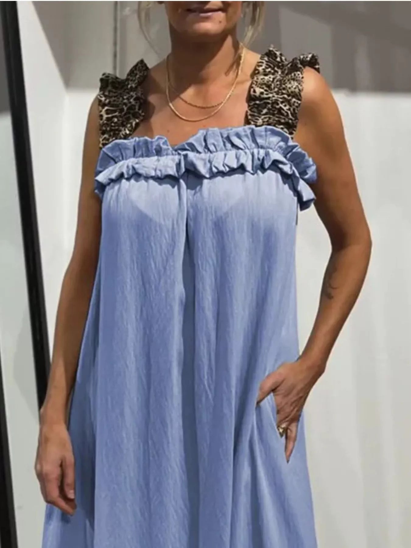 Full Size Ruffled Strap Flowy Maxi Dress blue with leopard-print shoulder straps, pocketed