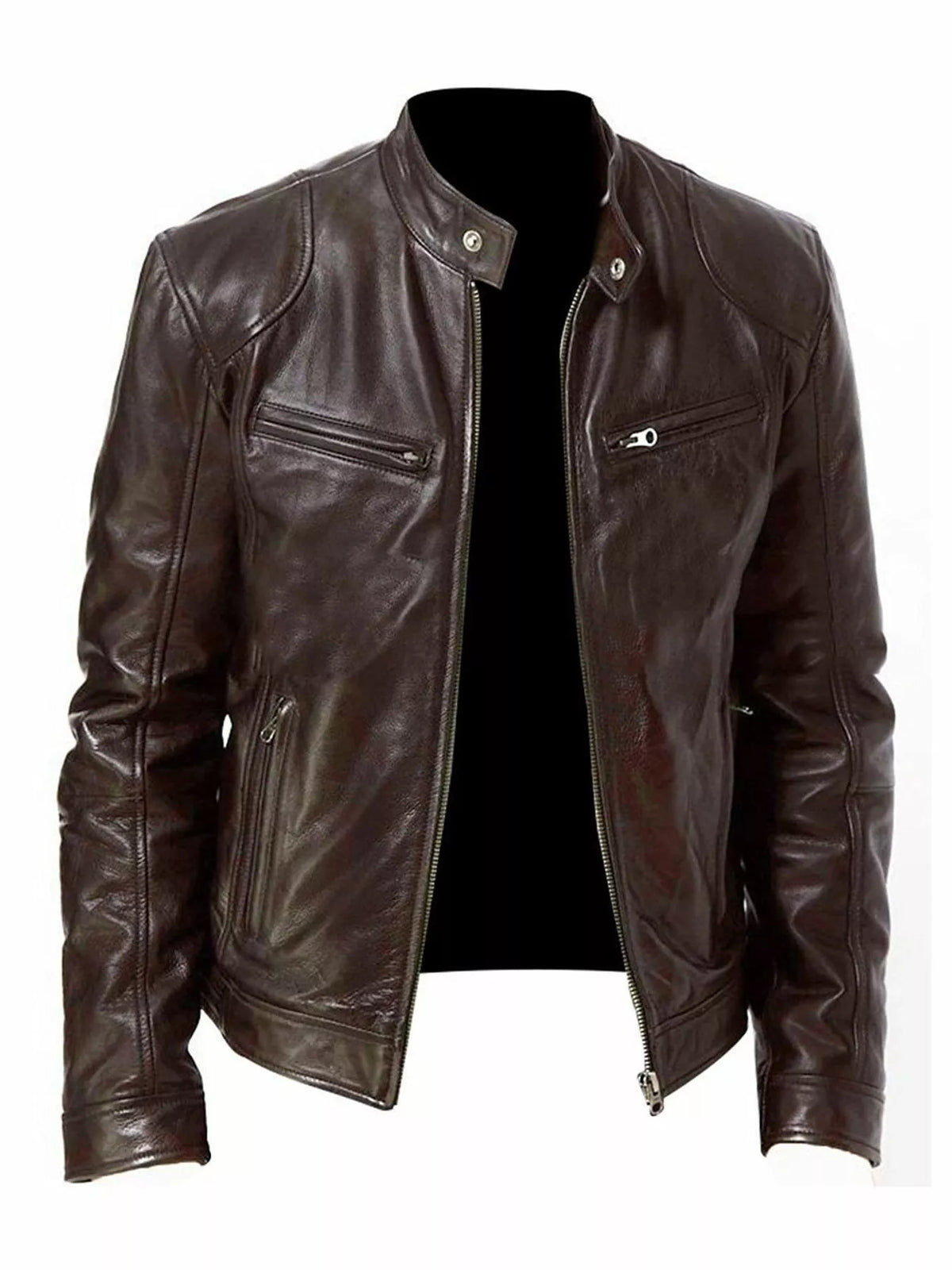 Men's zip-up vegan leather jacket in dark brown with stand collar and zip front