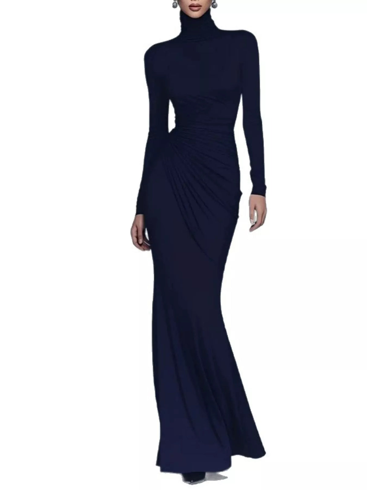 Dark blue ruched turtleneck long-sleeve stretch maxi dress with side gathers