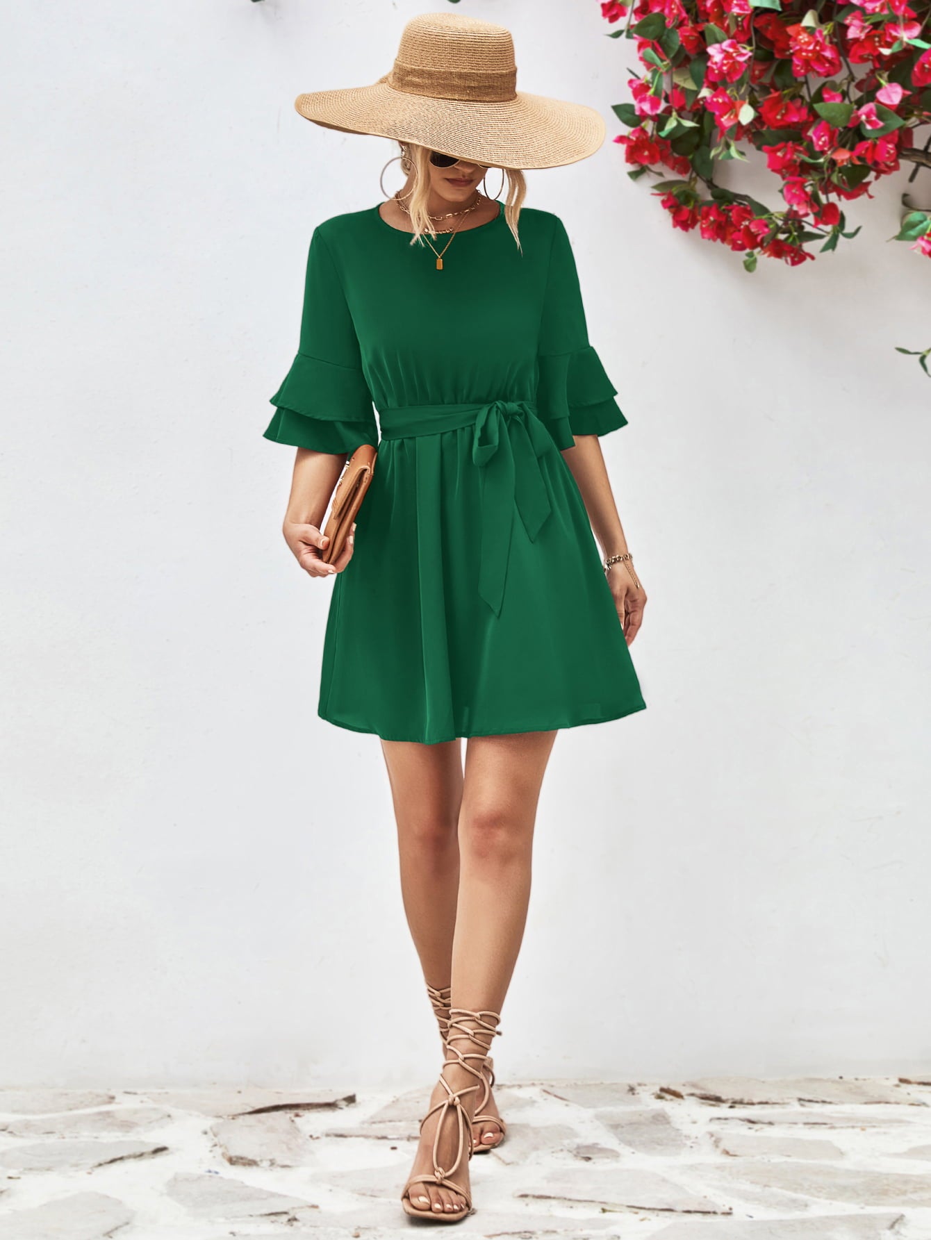 Forest green round-neck tie-belt flounce-sleeve dress with ruffled waist