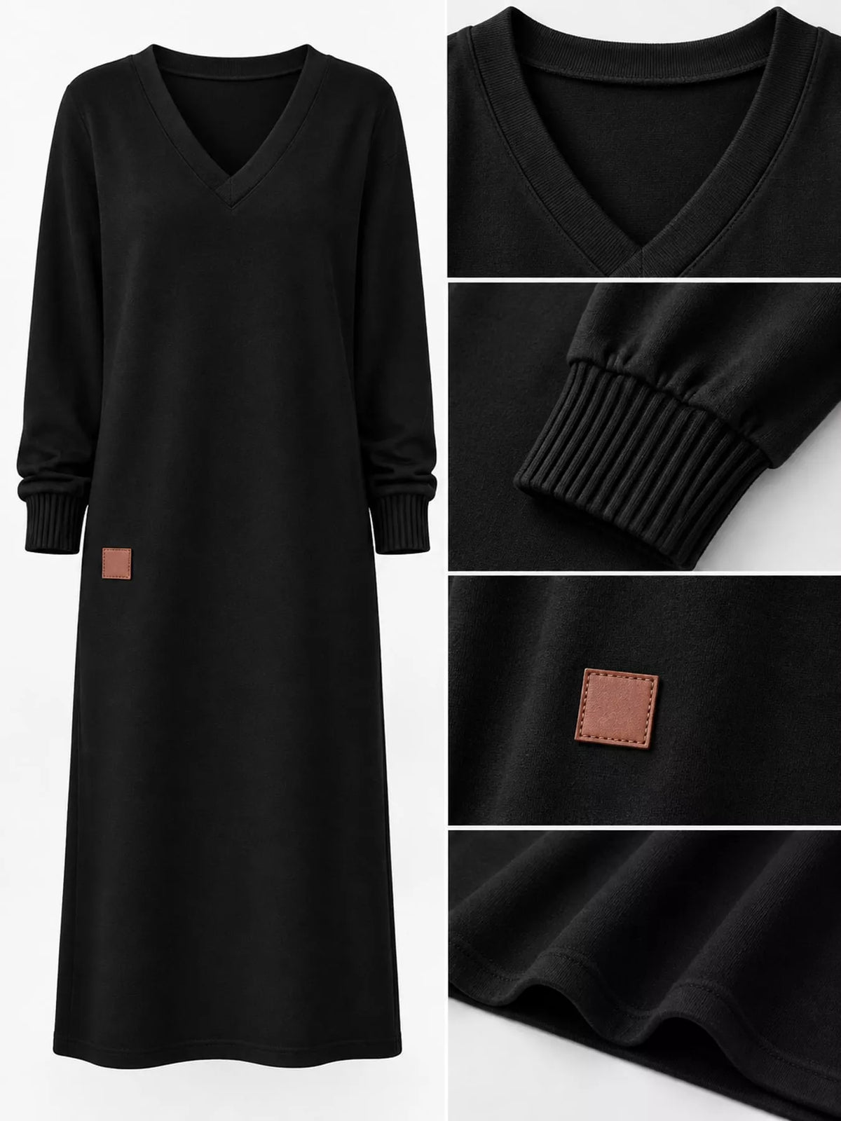 V-neck long-sleeve midi dress in black, sleeve ribbing and square patch detail