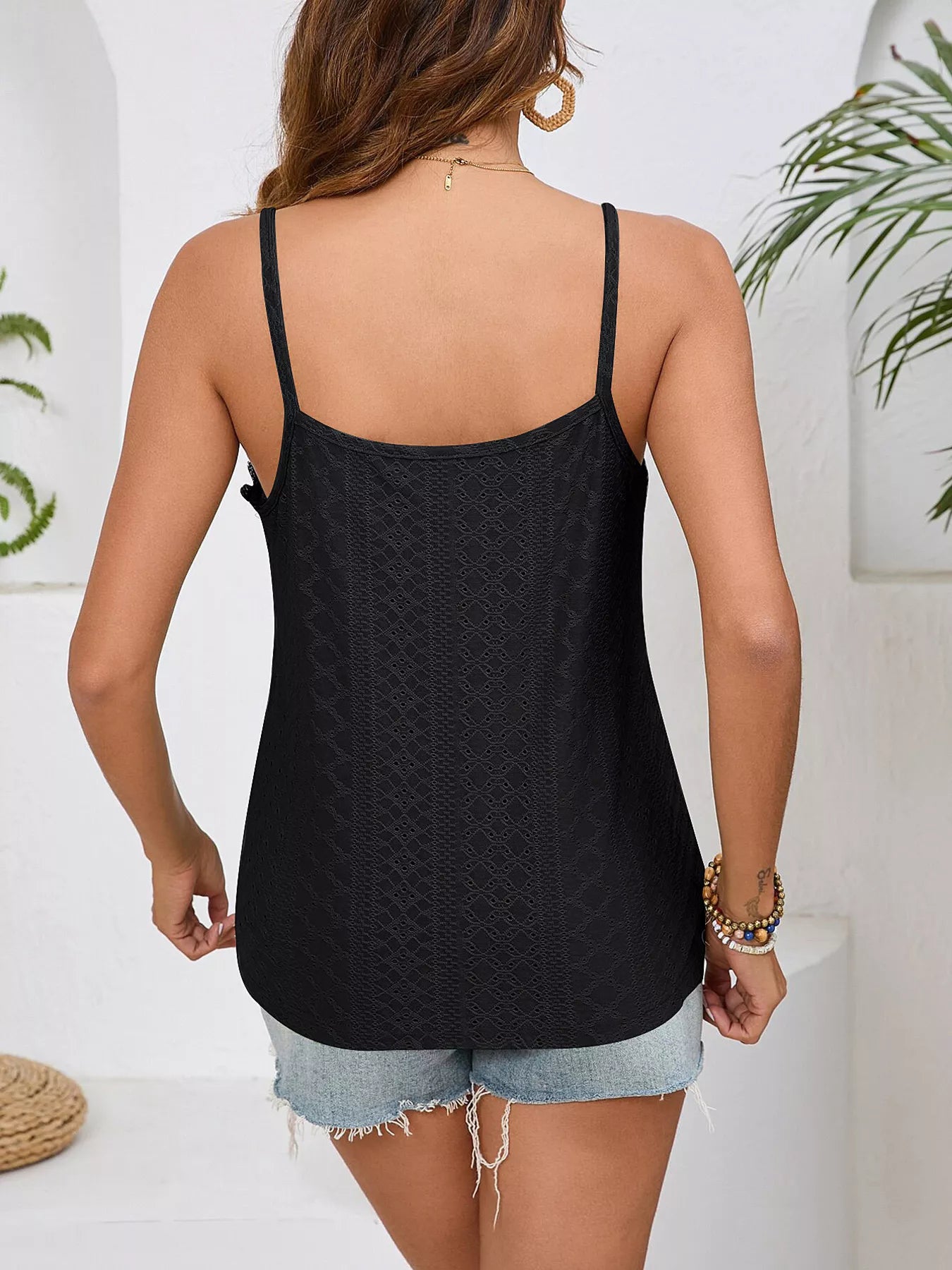 Lace trim V-neck cami, black back with slim straps and rounded hem