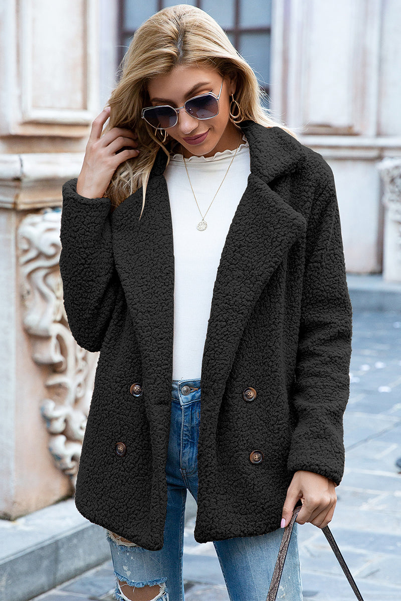Sherpa lapel collar coat in dark gray/black with double-breasted buttons, long sleeves