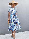 Blue abstract midi tie-waist dress with round neck and short sleeves