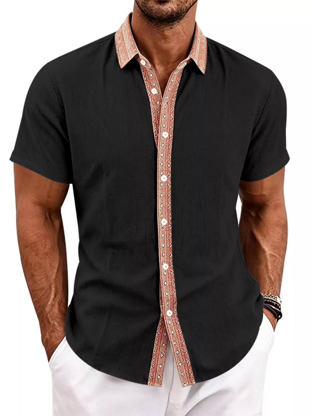 Black men’s short sleeve cotton stretch shirt, V-neck placket with patterned trim