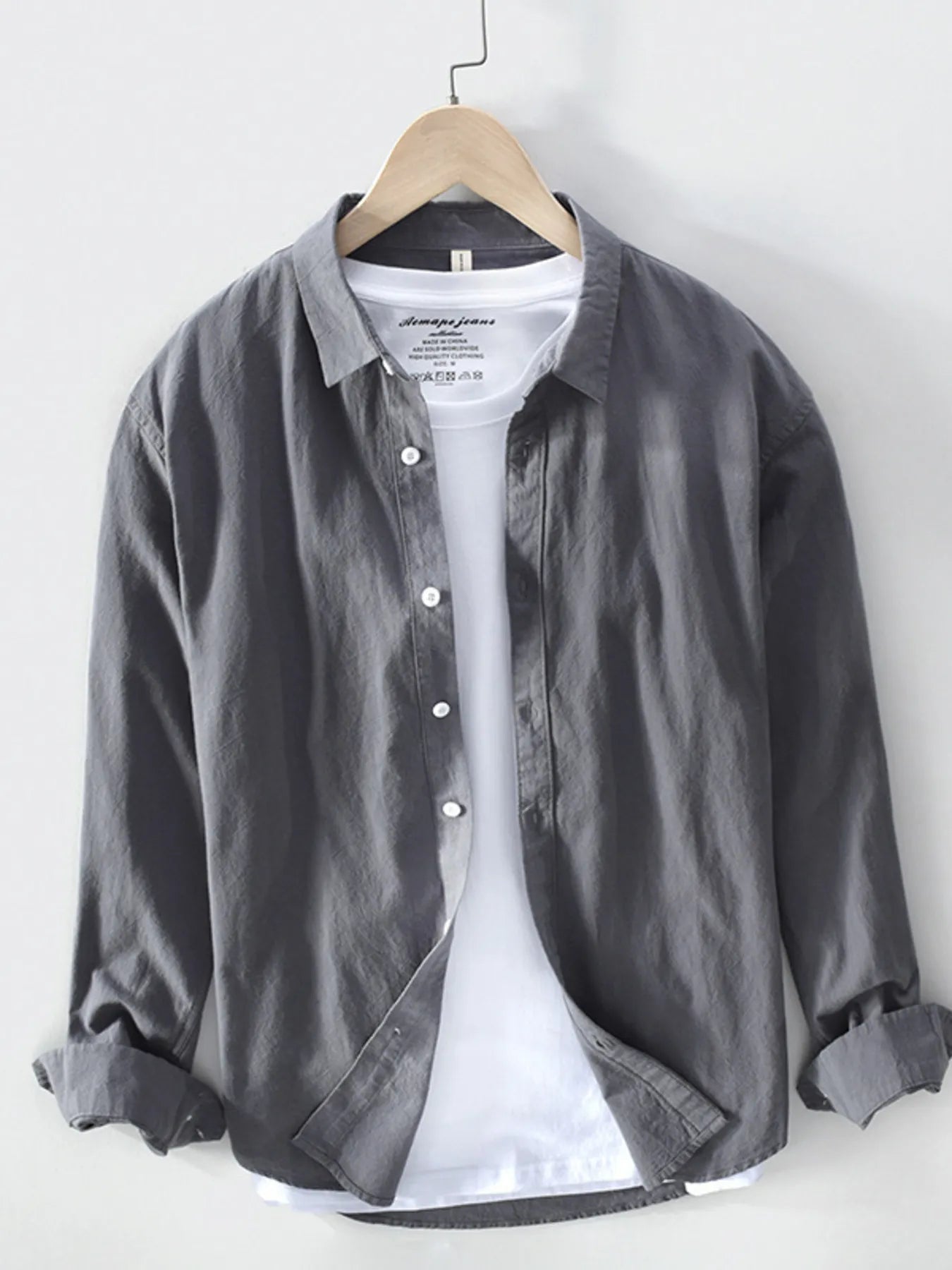 Men's plus size long-sleeve button-up shirt, dark gray, button-front with spread collar