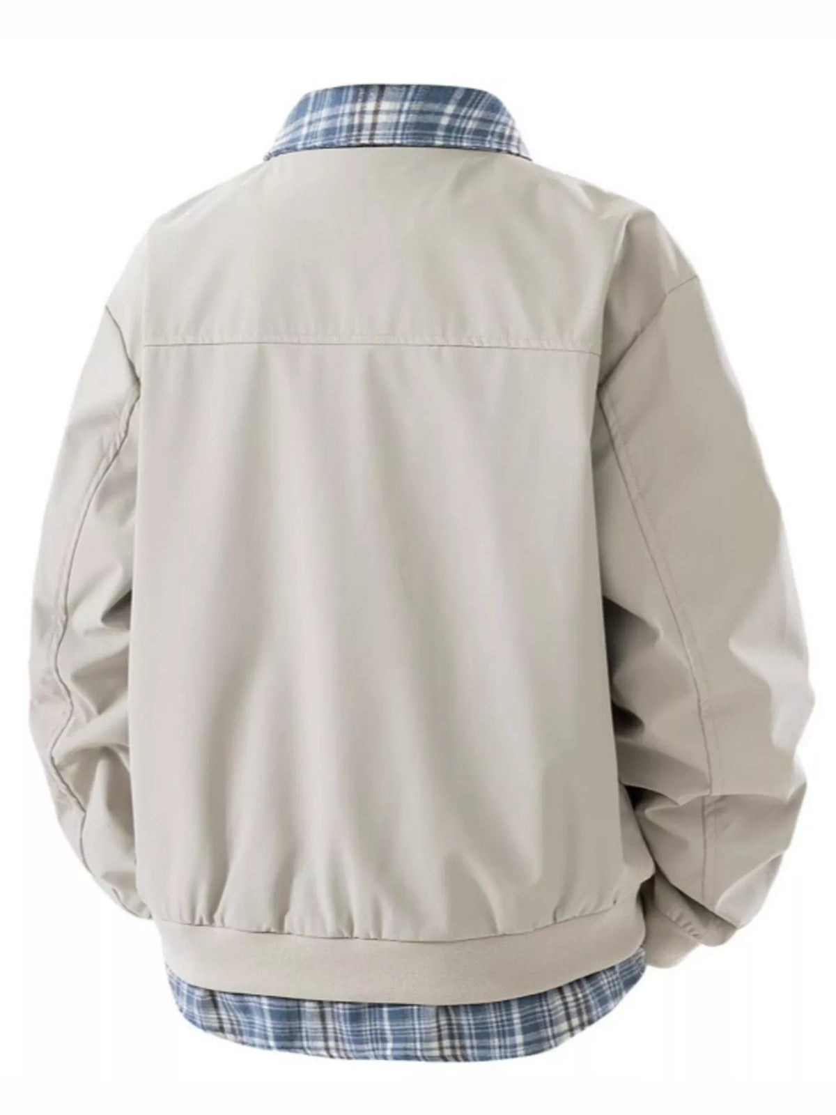 Men's long sleeve jacket, back view: beige coat with blue plaid hem and collar