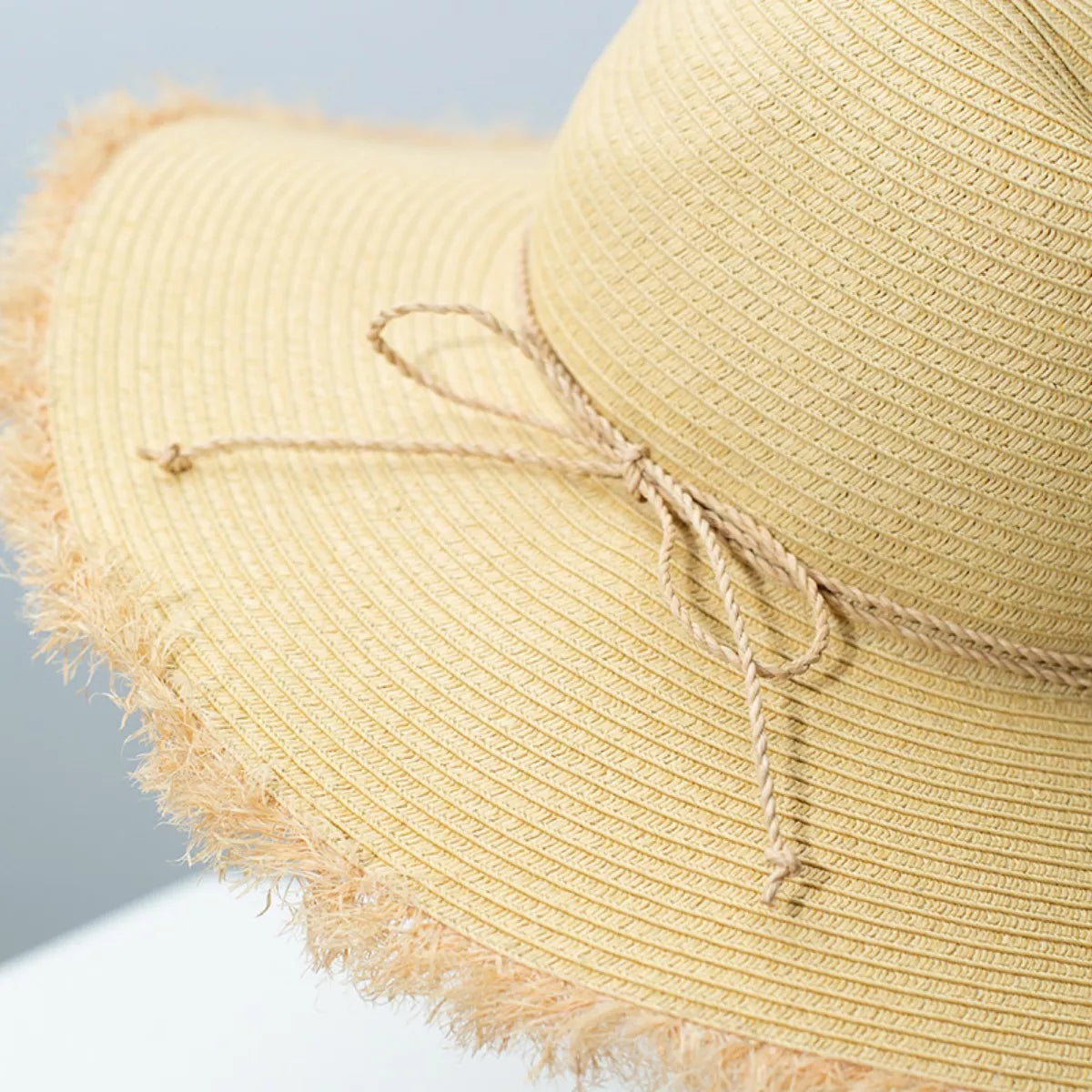 Cedar & Moore Frayed Brim Straw Hat, beige straw with rope tie