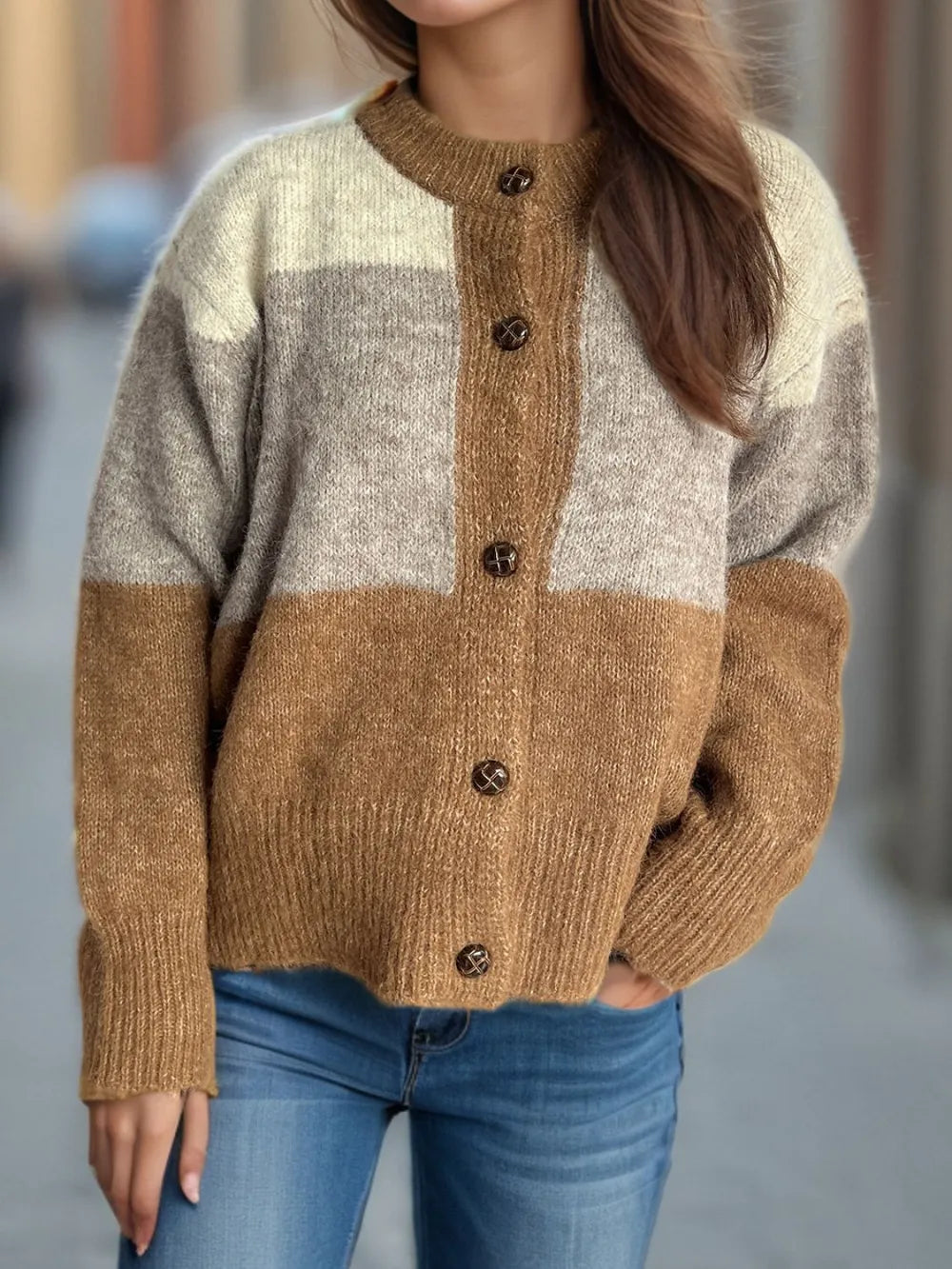 Color-block button-up cardigan in camel brown and cream, round neck, long sleeves