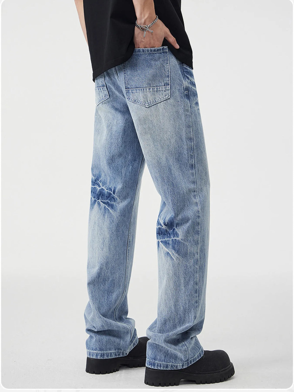 Light blue wide-leg jeans with vintage whisker wash, five-pocket styling, and belt loops