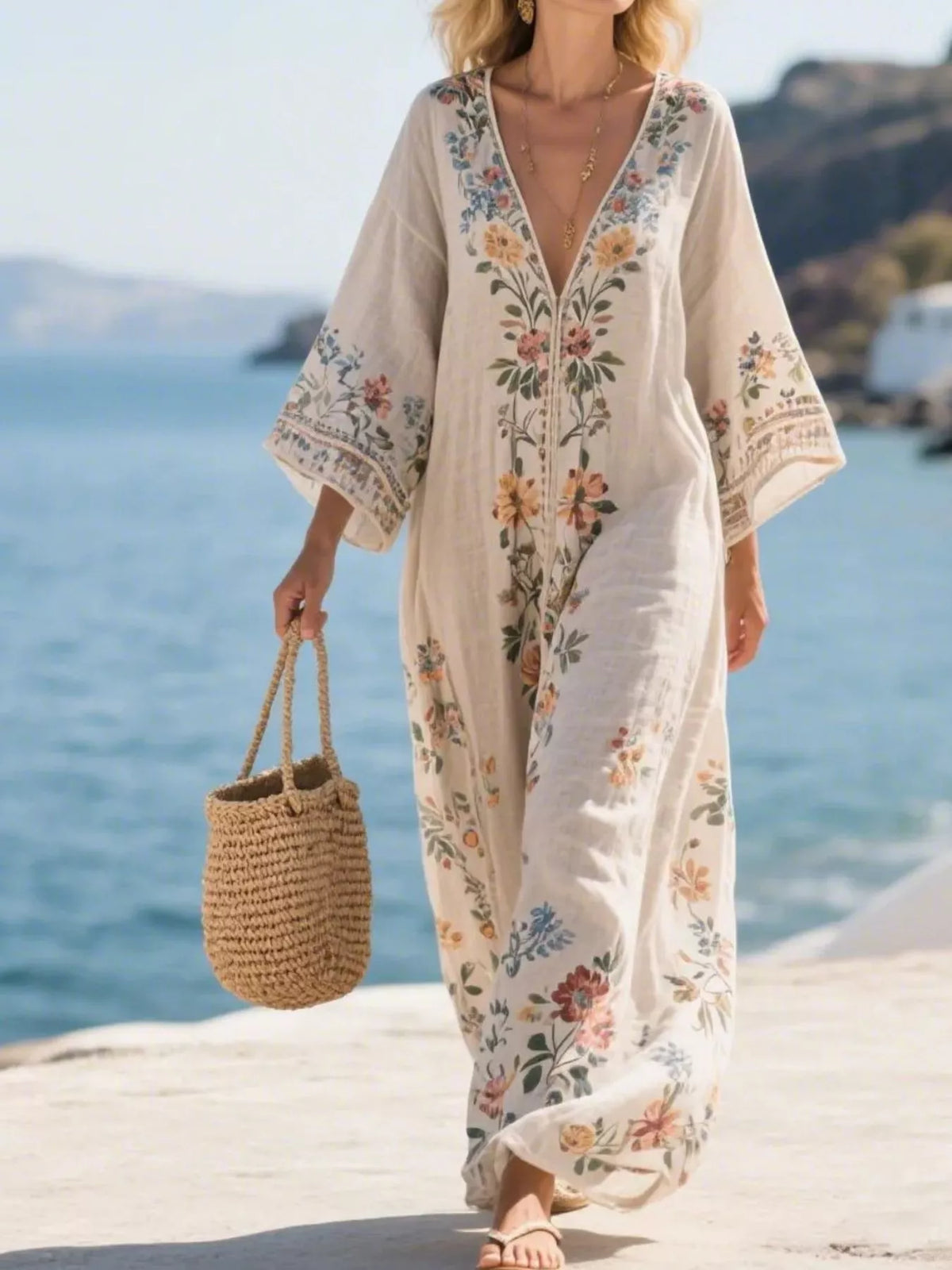 Floral V-neck maxi dress in light cream with multicolor bouquet print