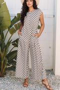 Brown-and-white checkered sleeveless crew neck wide-leg jumpsuit with pockets