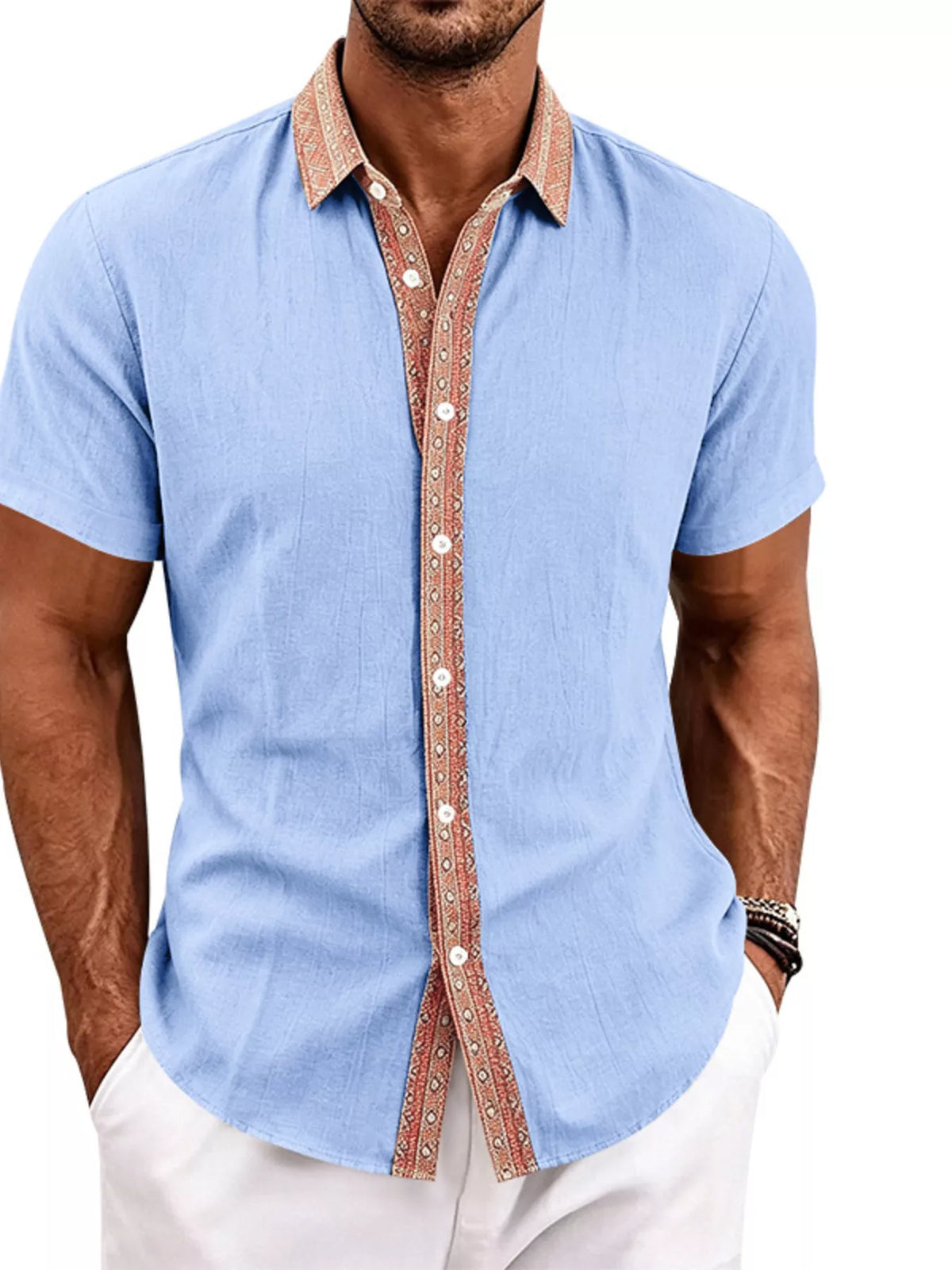 Light blue men’s short sleeve cotton stretch shirt with patterned button placket