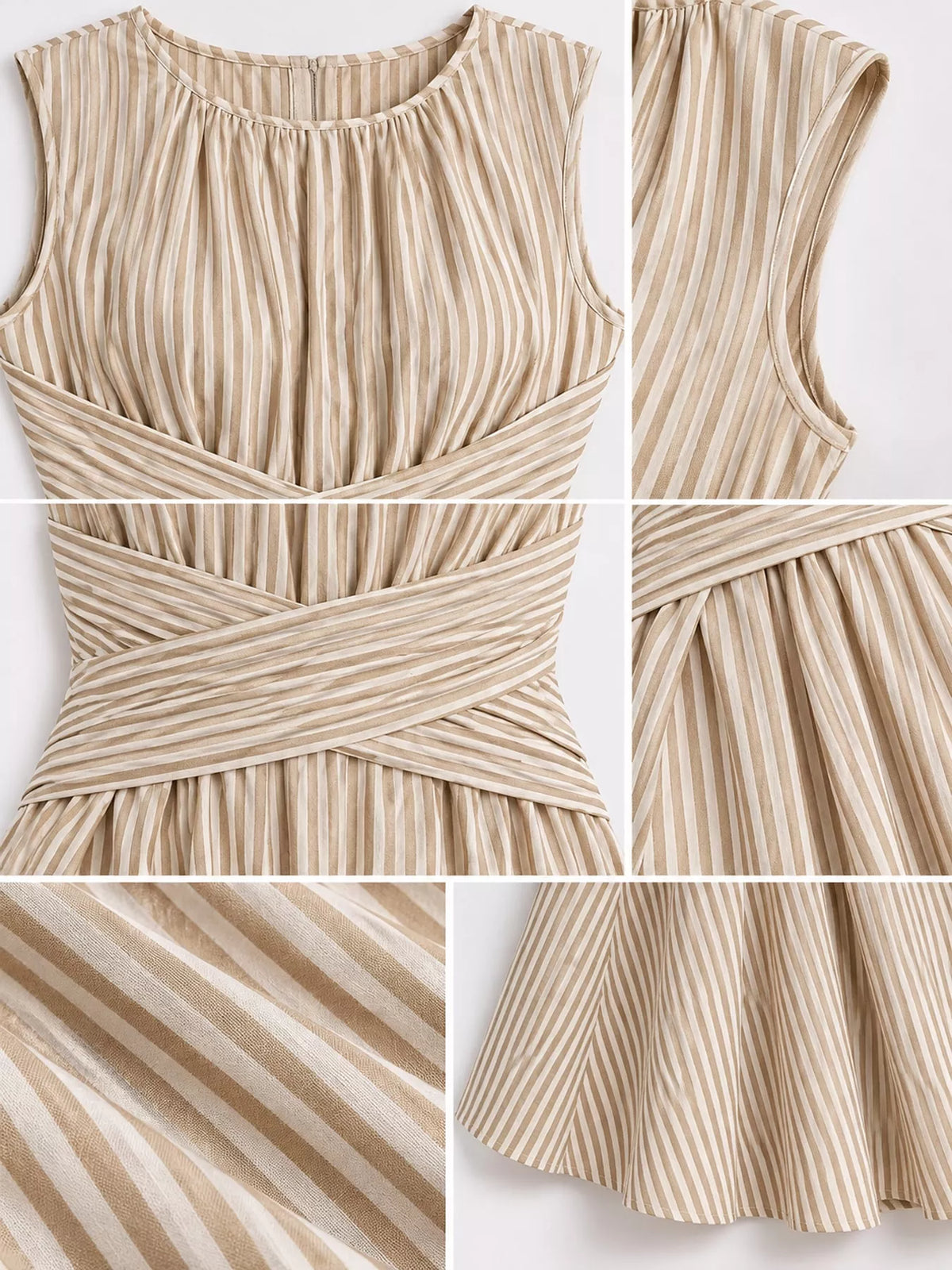 Beige striped sleeveless maxi dress close-up: crisscross waist and pleated bodice