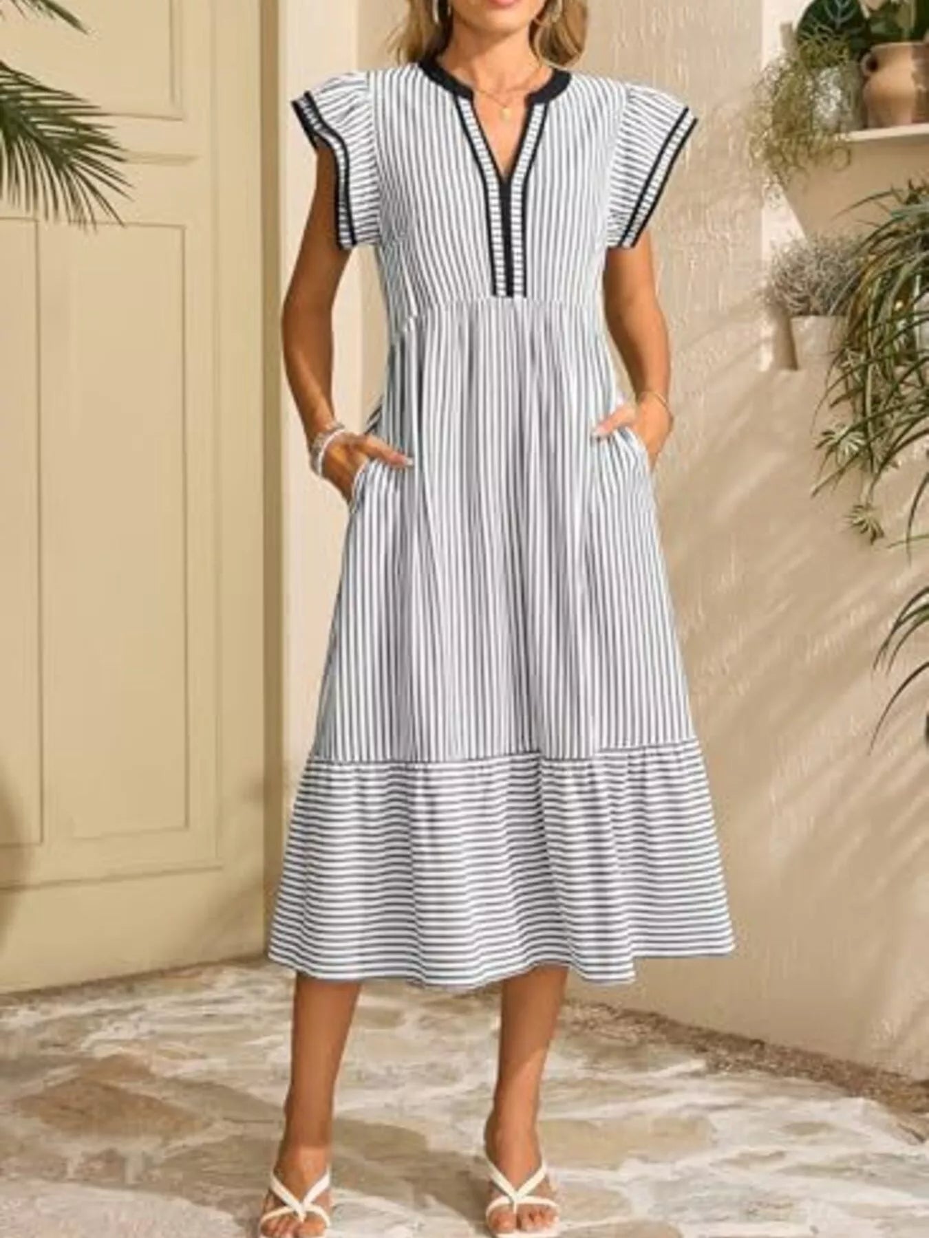 Striped Notched Ruffle Sleeve Dress with pockets, blue and white, Trendsi