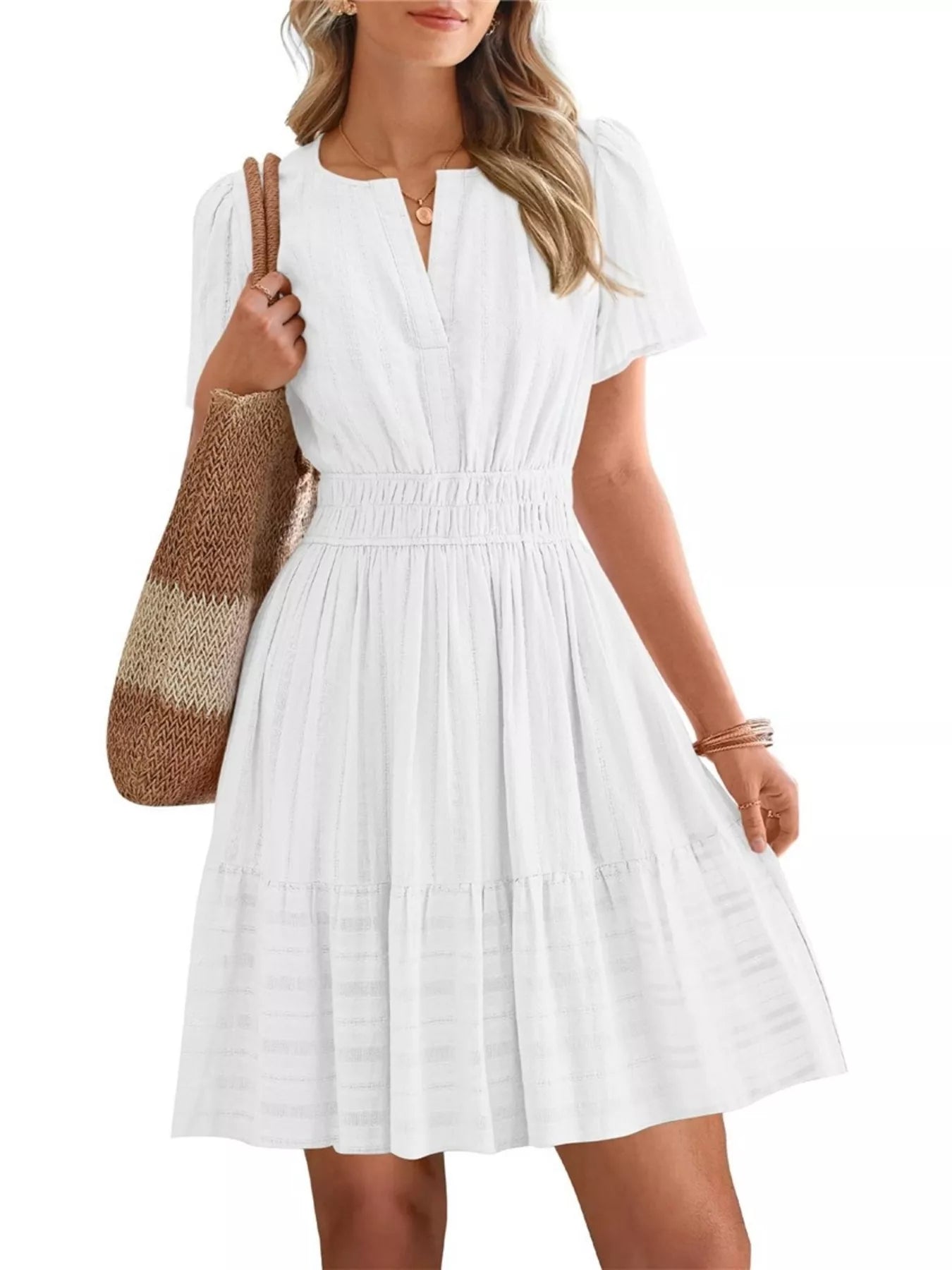Smocked waist tiered dress in white, short sleeves, V-neck