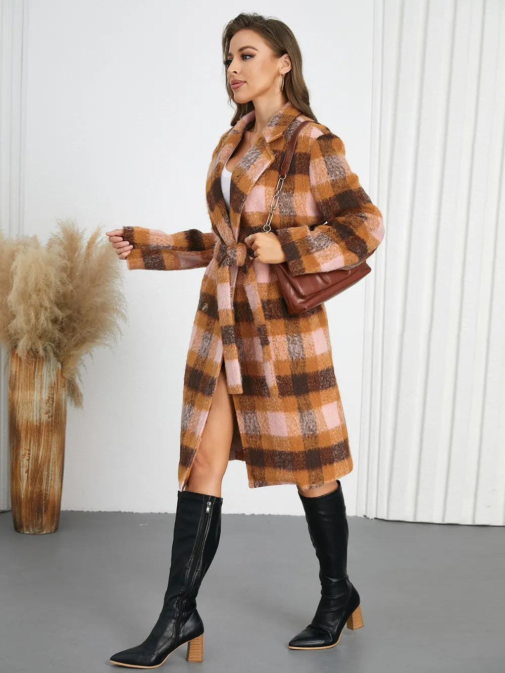Plaid collared neck coat with tie belt, brown, tan, pink, and dark check pattern