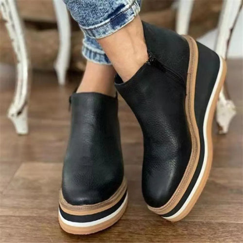 Black ankle wedge boots with side zipper, leather-look upper and stacked sole