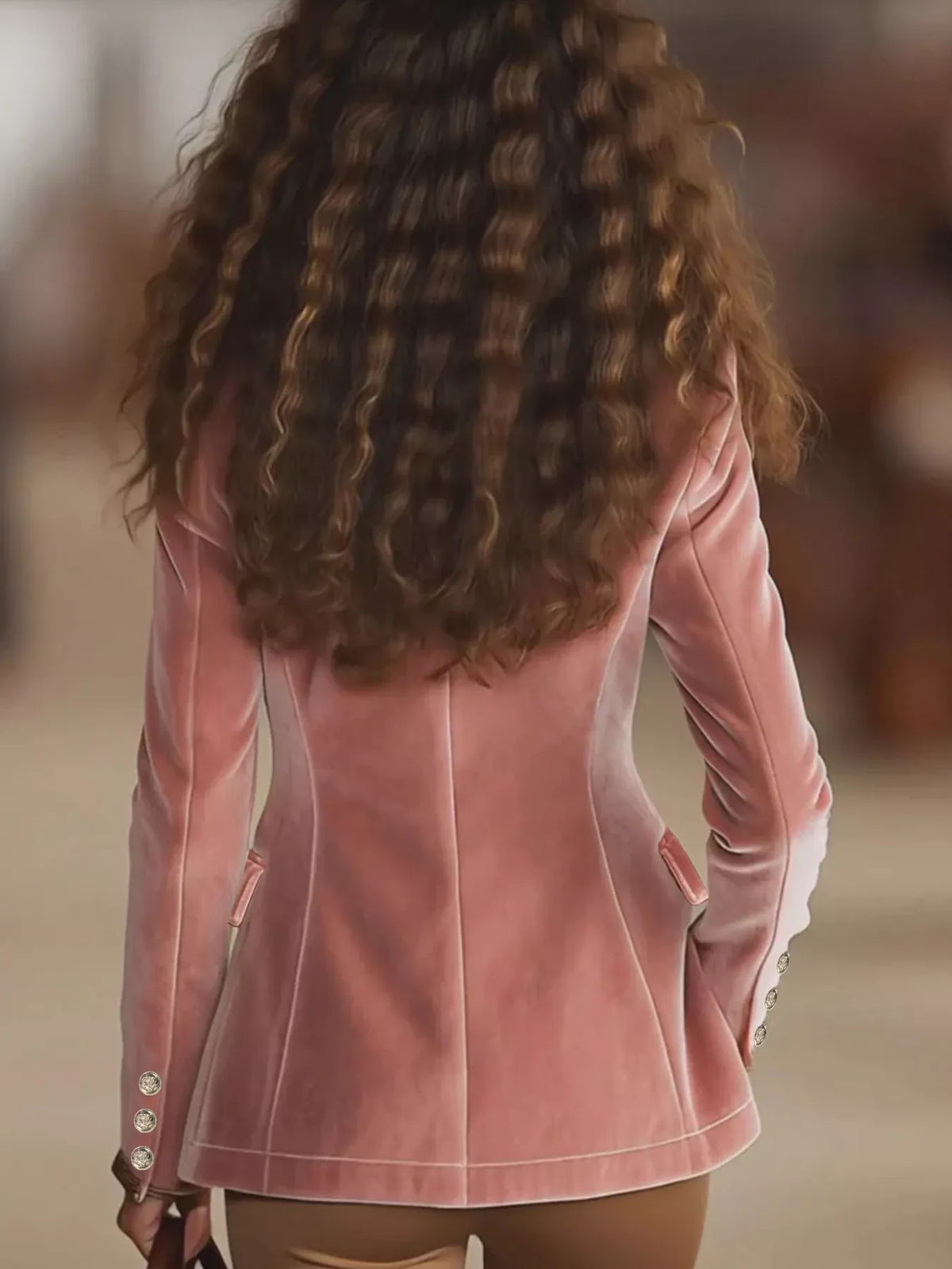 Dusty pink velvet blazer back view with long sleeves and stitched seam detailing