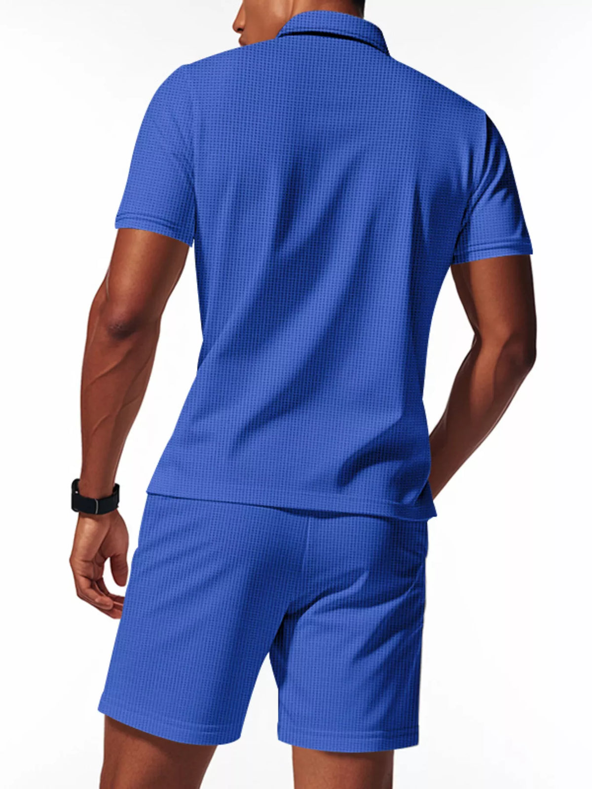 Mens textured short-sleeve polo and shorts set, royal blue, back view