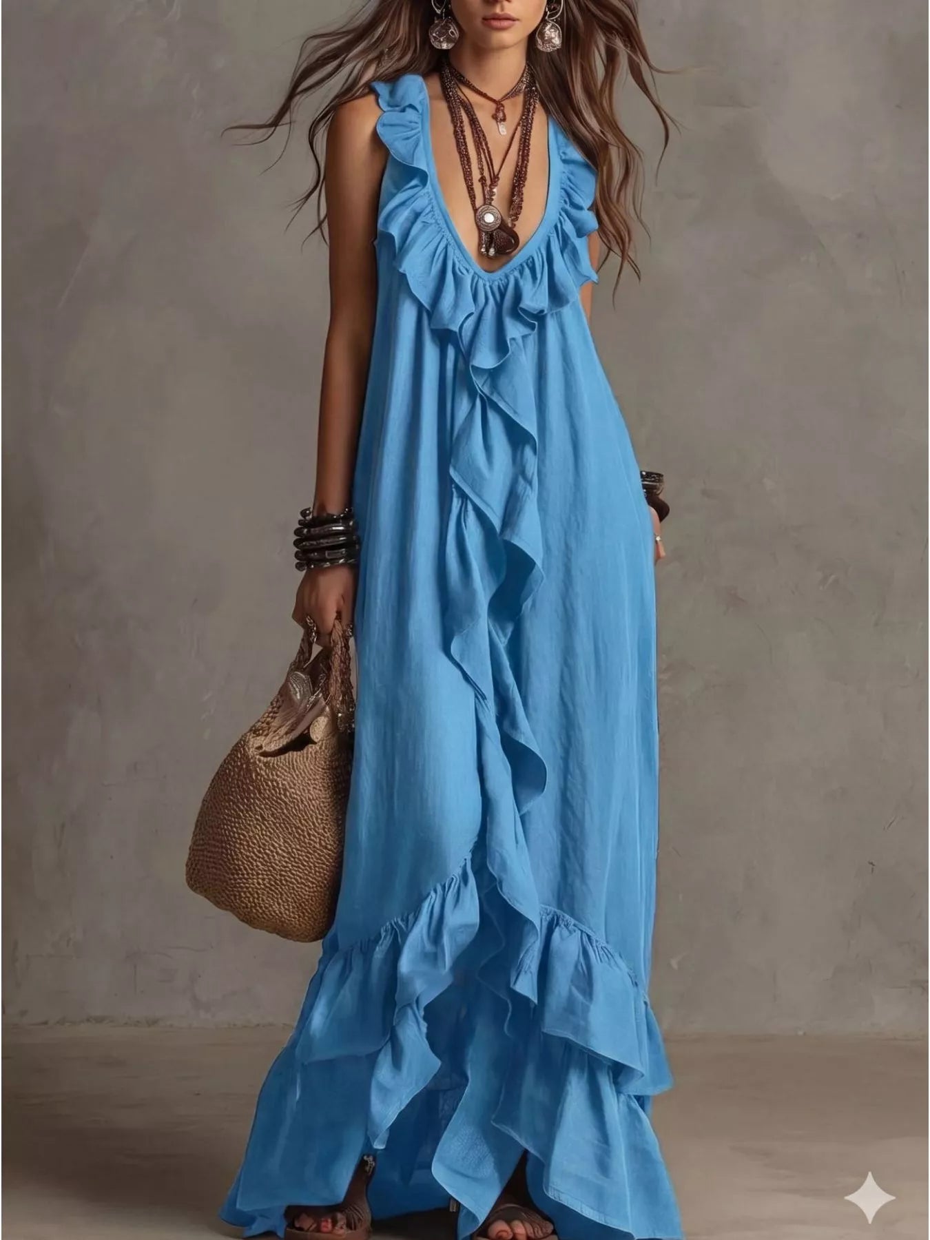 Sky blue sleeveless maxi dress with layered ruffle neckline and tiered skirt