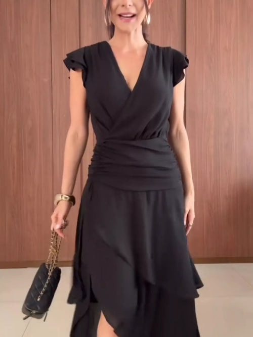 Black V-neck midi dress with cap flutter sleeves and layered asymmetrical ruffled hem