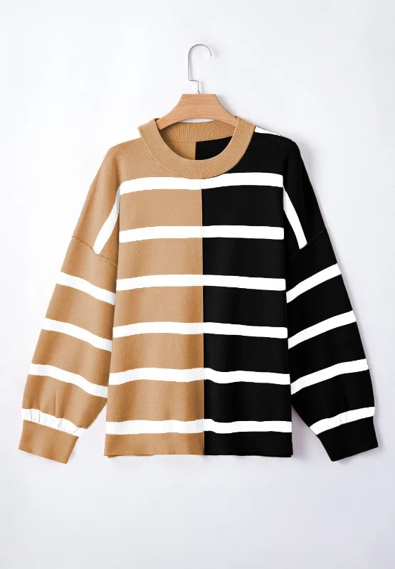 Contrast striped long sleeve sweatshirt on hanger, tan and black with white horizontal stripes