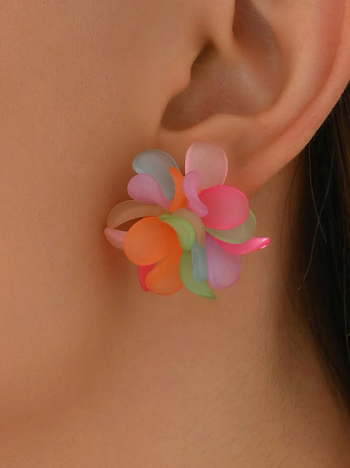 Single acrylic flower stud earring with pastel orange, pink, and mint petals