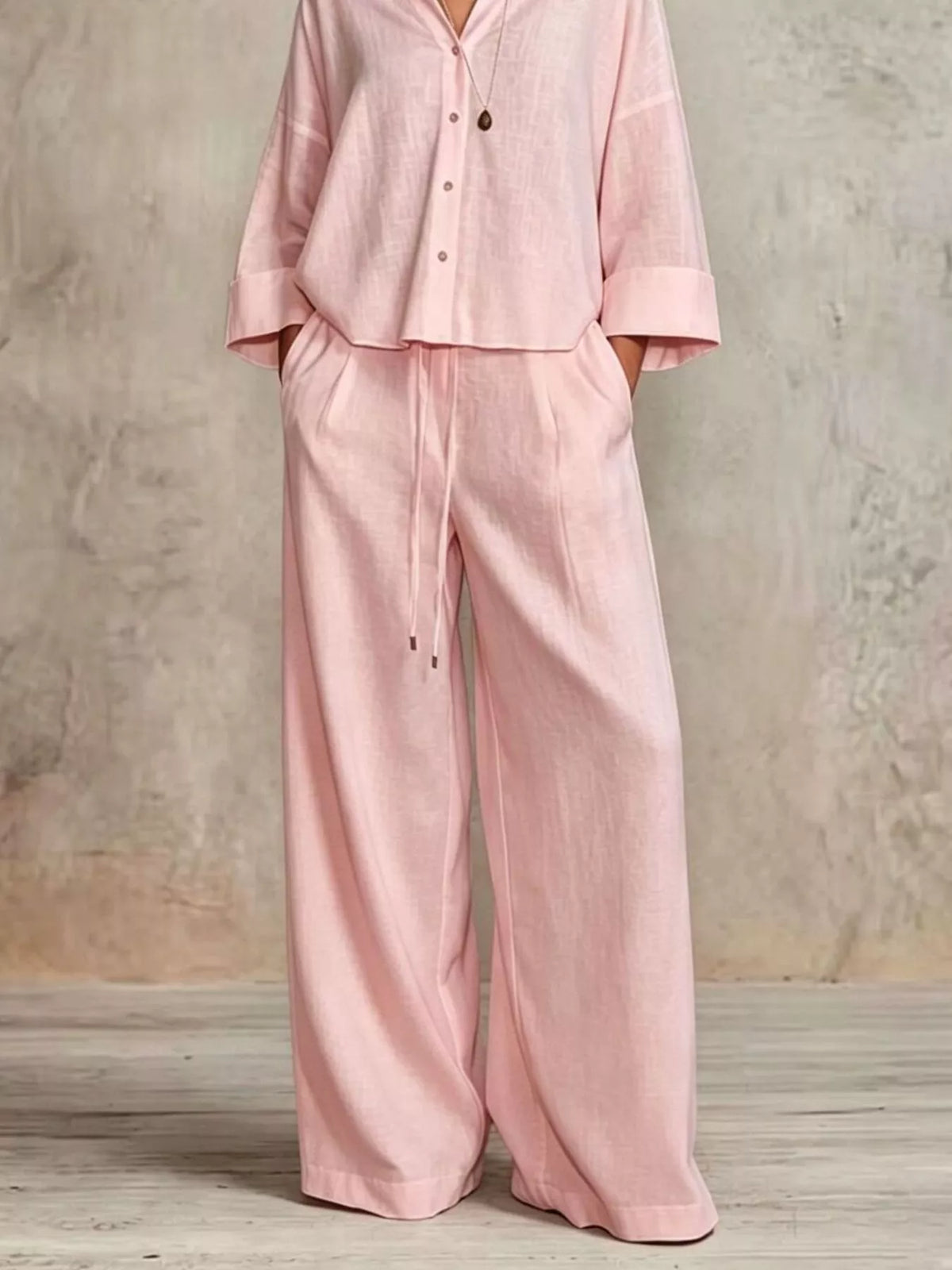 Pink wide leg button-down shirt and pants set, draped shirt with wide trousers