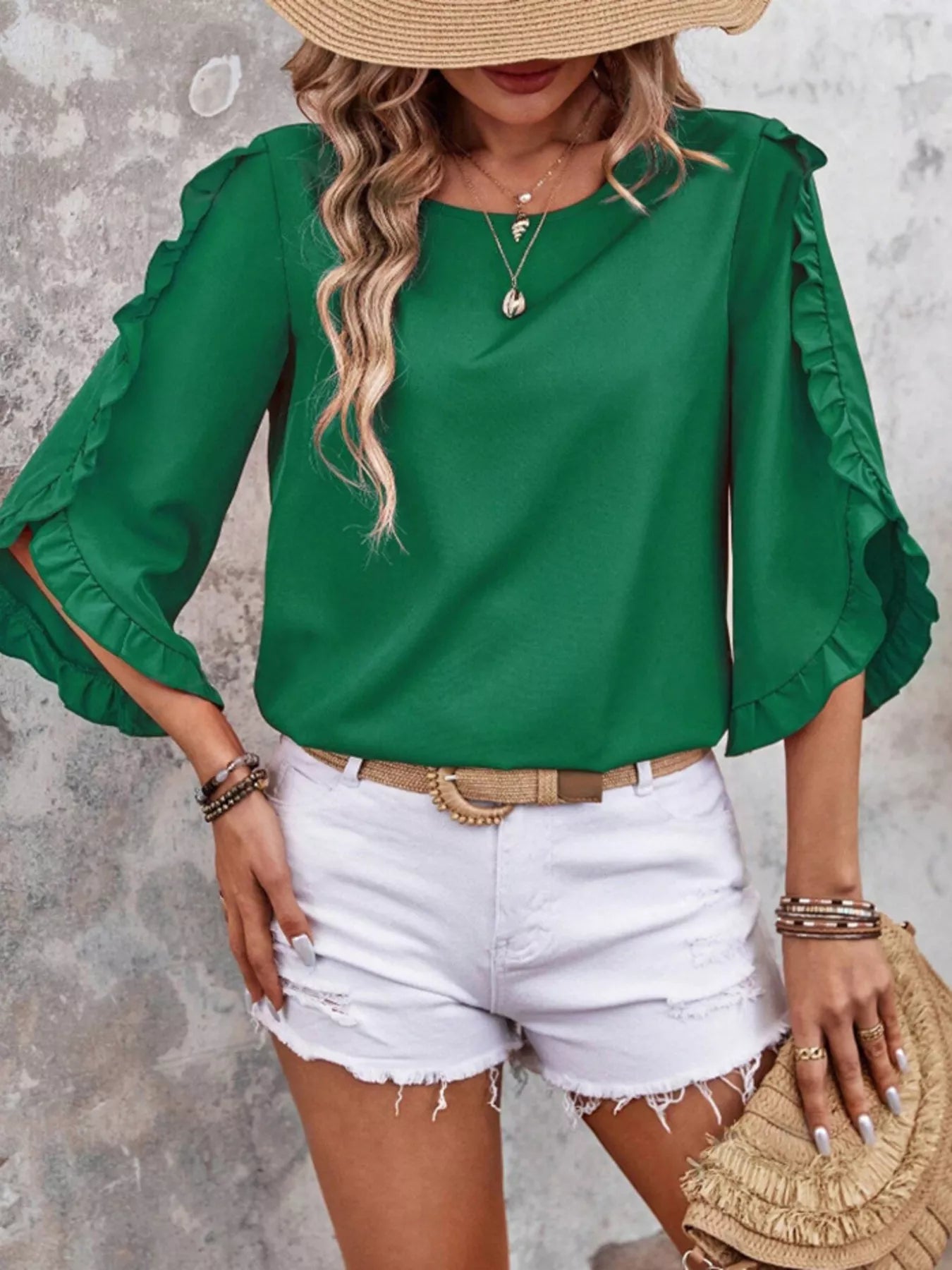 Ruffle-sleeve green blouse, solid color with buttoned detail