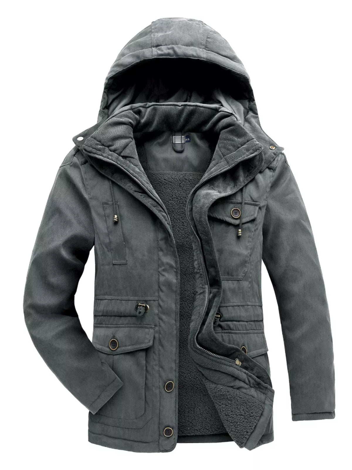 Men's gray hooded zip-up winter jacket with sherpa lining and front pockets