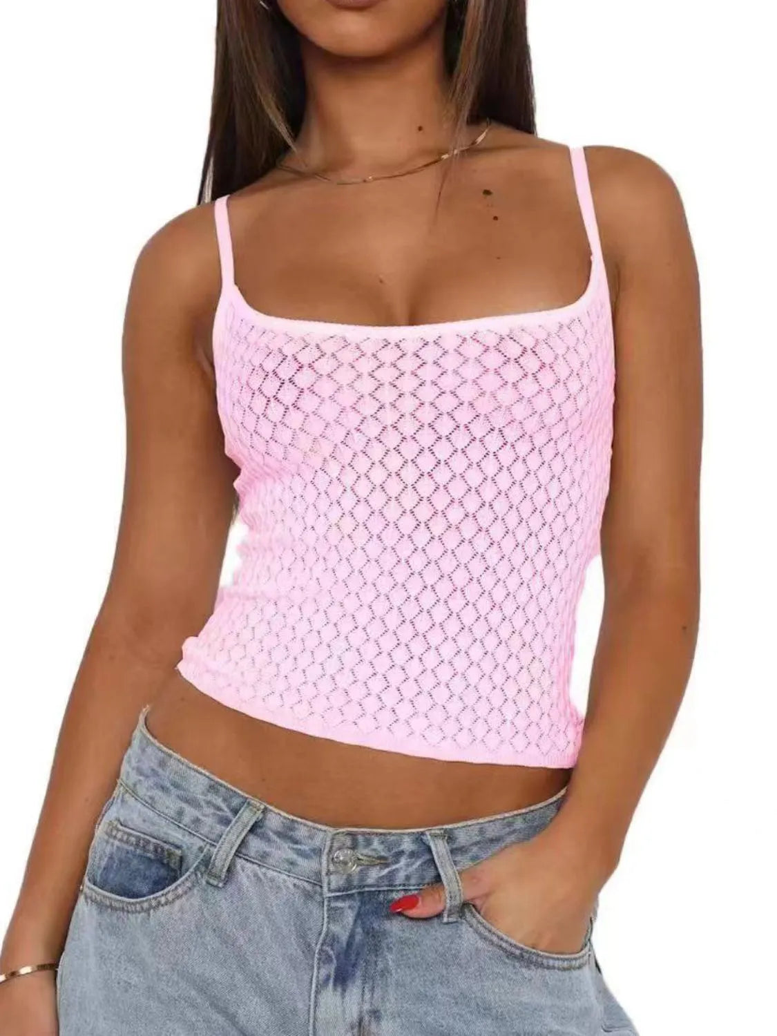 Lace square-neck cami in blush pink with thin straps and textured lace pattern