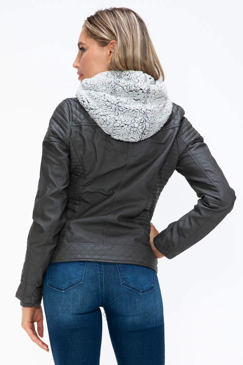 Charcoal zip jacket with fuzzy hood lining, side view.