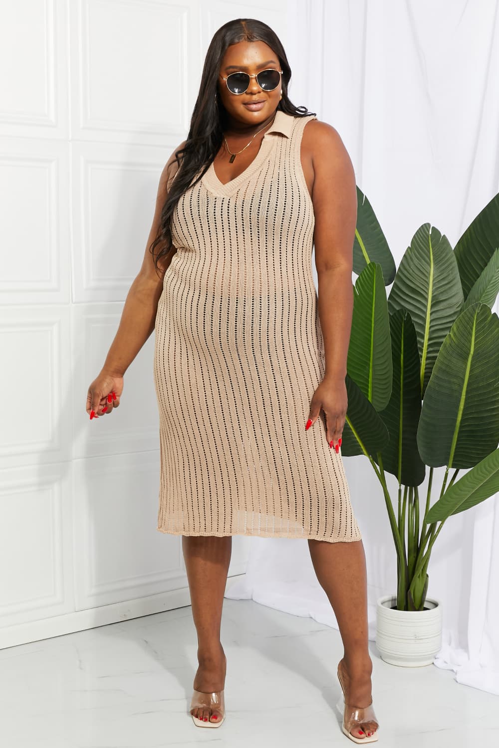 Beige sleeveless V-neck knit cover-up dress with vertical openwork pattern, midi length
