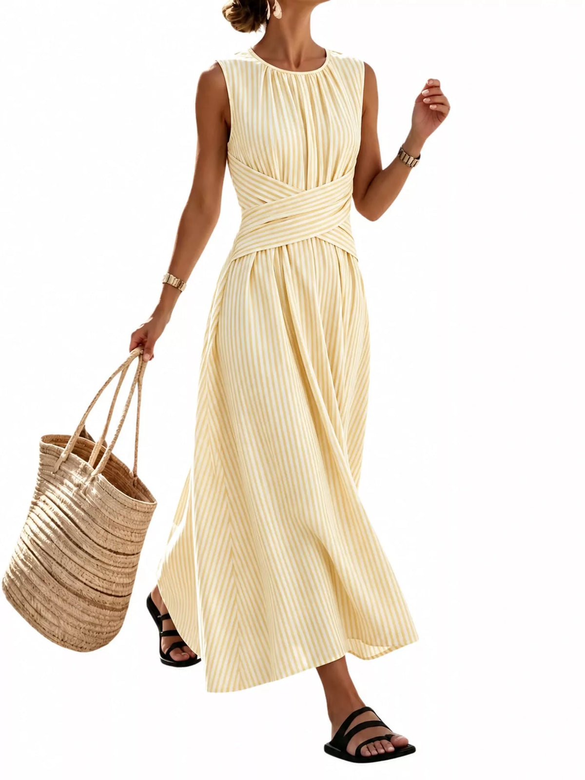Light yellow striped sleeveless maxi dress with crisscross waist and long flowing skirt
