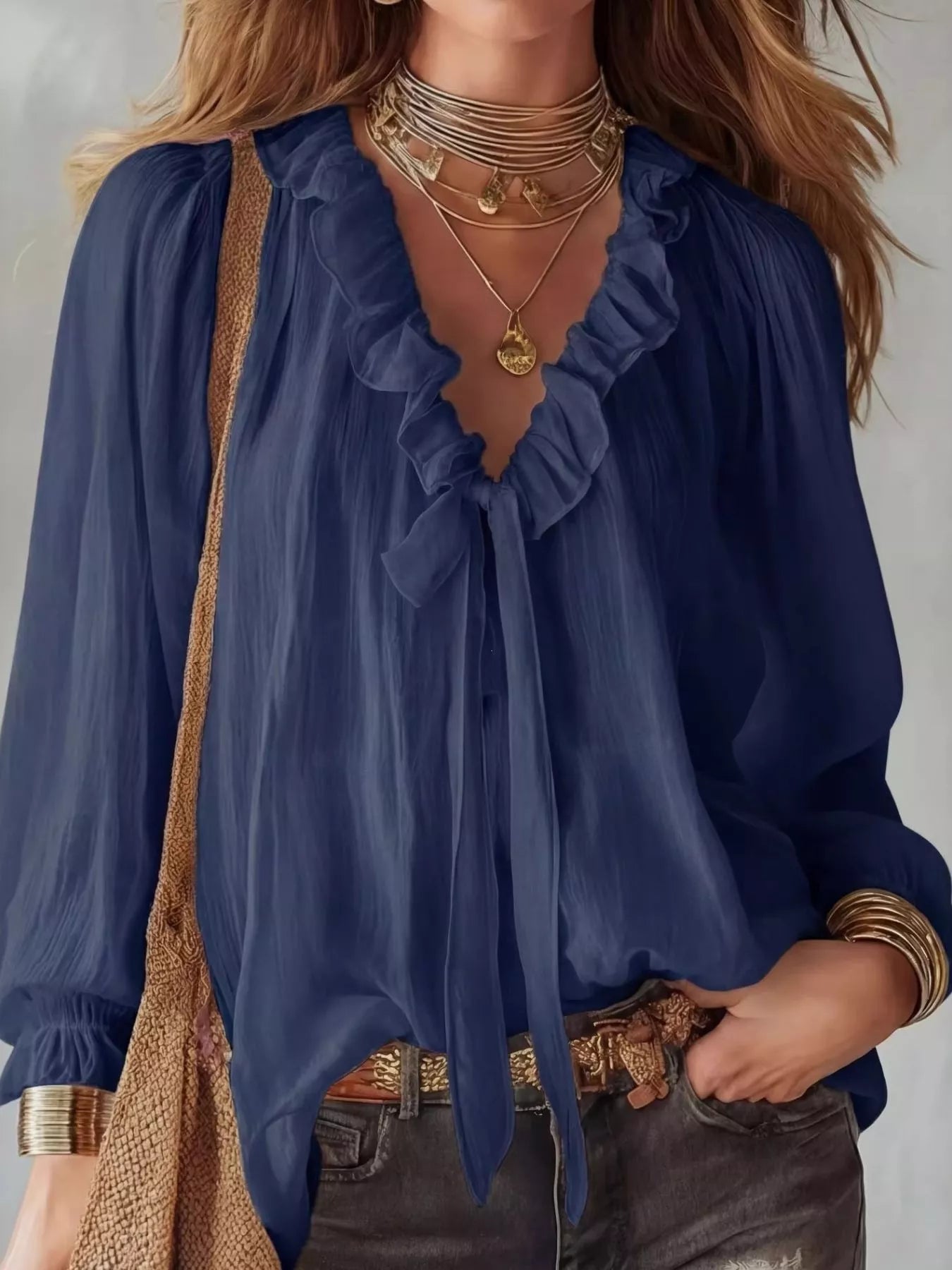 Navy ruffle long-sleeve blouse with scalloped V-neck ruffle trim and drawstring