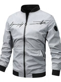 Light gray zip-up bomber jacket with zip front, standing collar, side pockets