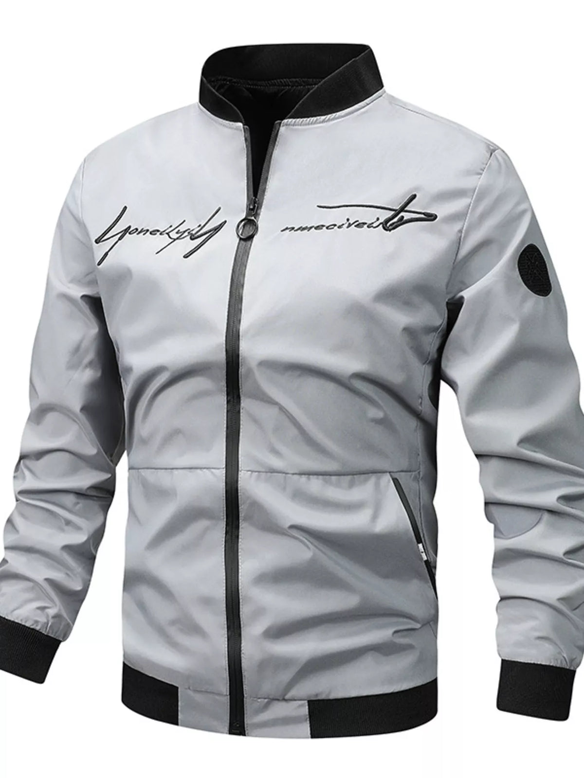 Light gray zip-up bomber jacket with zip front, standing collar, side pockets