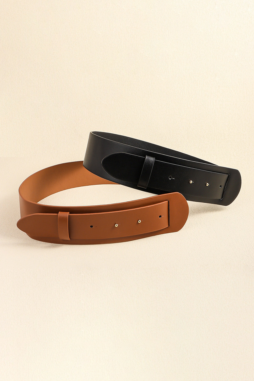 Vegan leather belt duo in black and caramel, wide straps with rectangular buckle plates