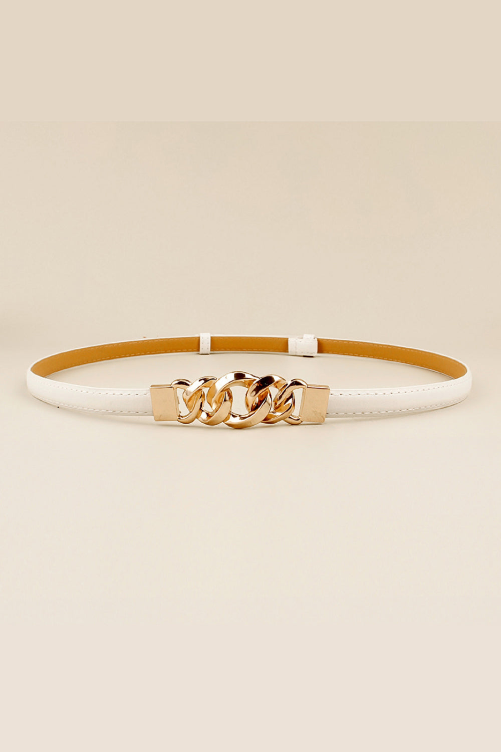 Skinny vegan leather belt with gold chain-link buckle, white strap